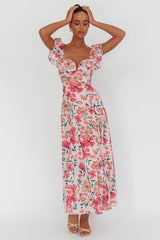 Palms Ruffle Sleeve Tied Back Maxi Dress Floral Pink