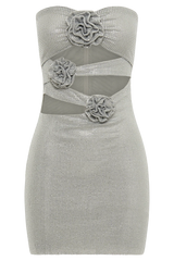 Korinna Strapless Rose Diamante Mini Dress - Silver