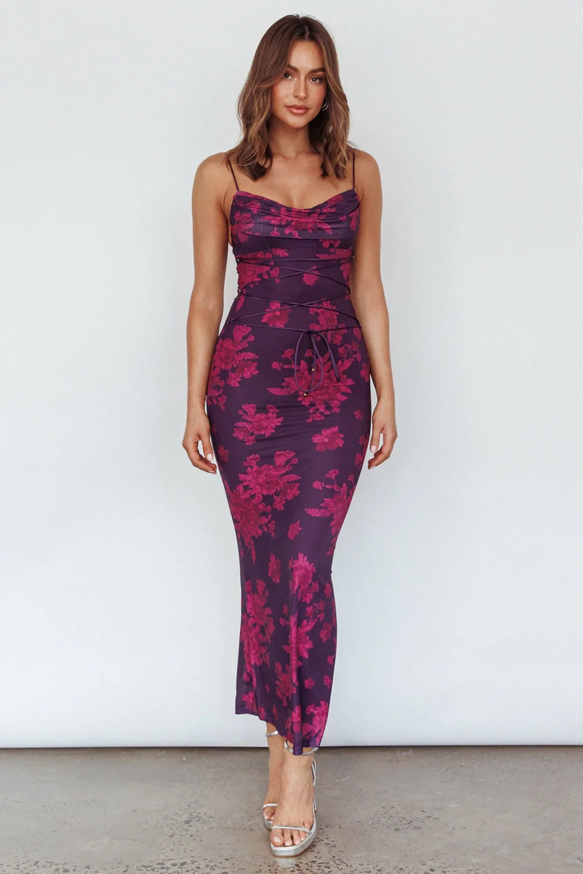 Teava Laced Waist Maxi Dress Floral Grape