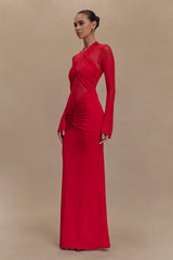 Tania Slinky And Mesh Long Sleeve Maxi Dress - Ruby
