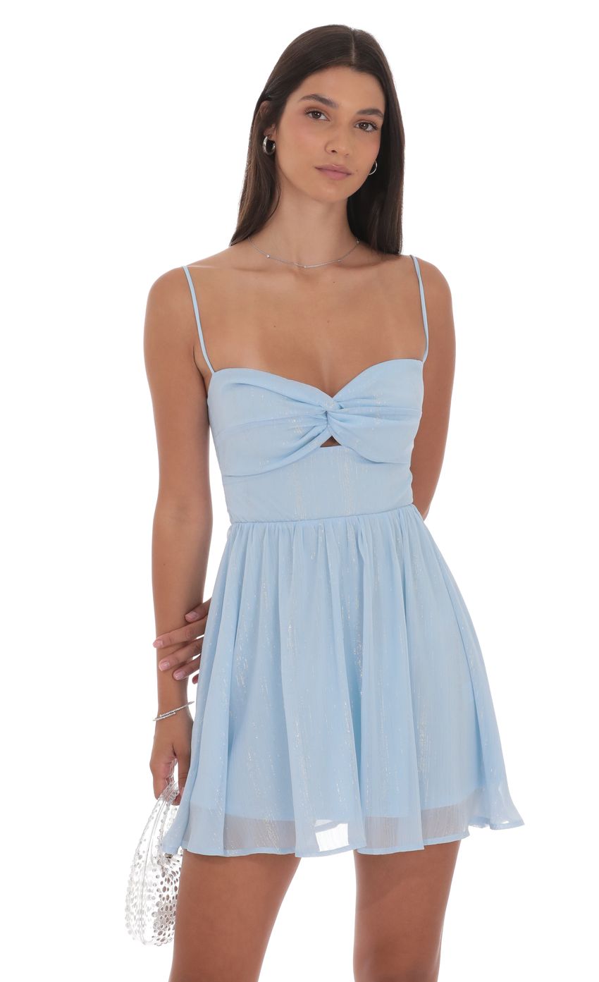 Shimmer Front Twist A-line Dress in Light Blue