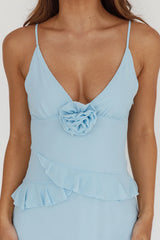 Marlie Frill Trim Rosette Maxi Dress Blue