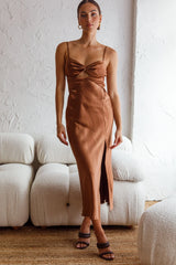 Invite Only Twisted Bust Satin Midi Dress Chocolate