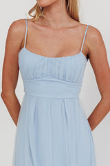 Nerida Twist Back Frill Trim Mesh Maxi Dress Steel Blue