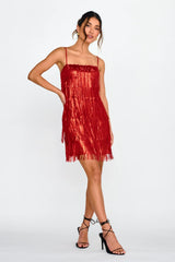 New York Nights Sequin Fringe Mini Dress Red