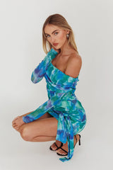 Dangerous Off-Shoulder Waist Tie Mesh Mini Dress Print Blue