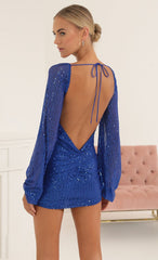 Sequin Open Back Long Sleeve Dress in Blue