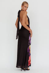 Italia Azure Halterneck Maxi Dress Flowers Black