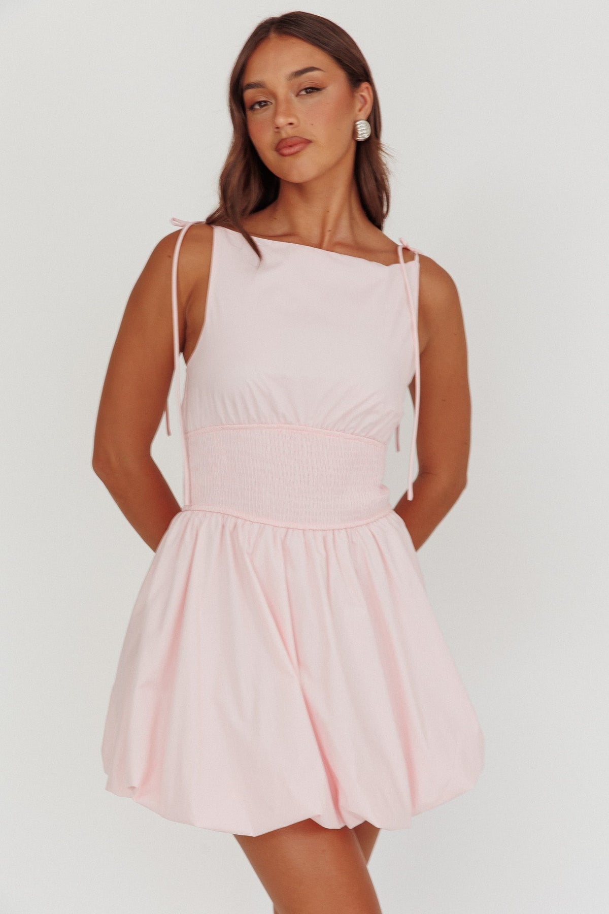 Like Art Tied Shoulder Bubble Mini Dress Pink