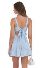 Floral Jacquard Bow Tie Dress in Light Blue