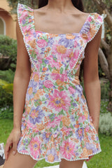 Porcia Tied Back Frill Dress White Multi