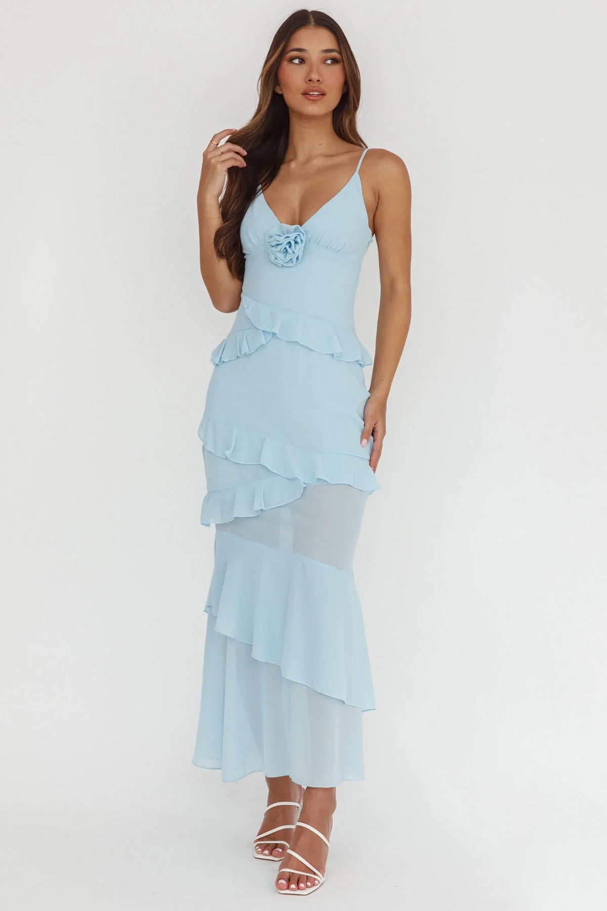 Marlie Frill Trim Rosette Maxi Dress Blue