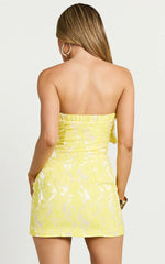 Amalie The Label - Frederika Strapless Ruffle Detail Jacquard Mini Dress in Yellow