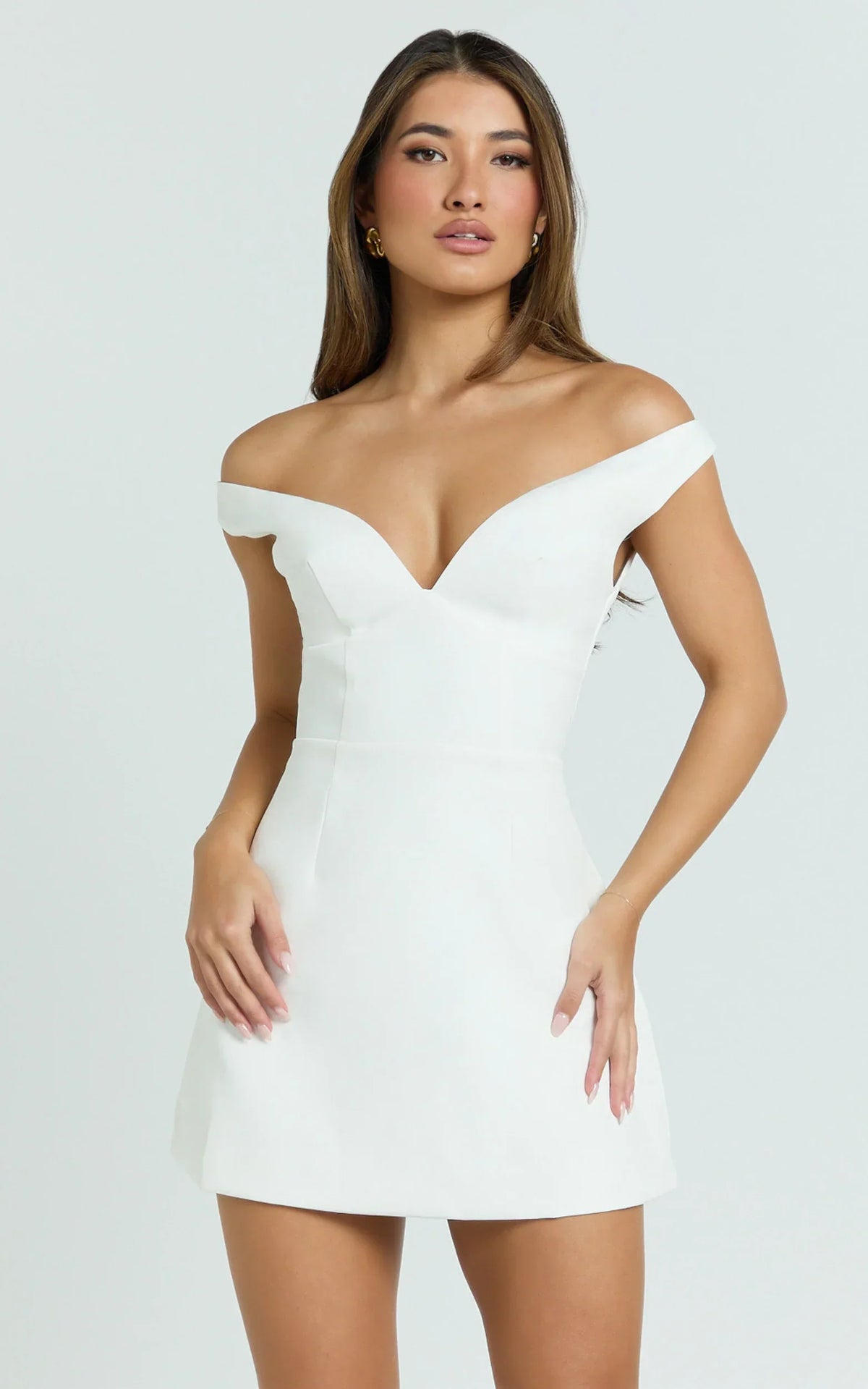 Irene Mini Dress - Off Shoulder Bustier Tulip Skirt Dress in White