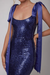 Birthday Wish Tied Shoulder Sequin Maxi Dress Blue