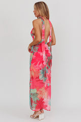 Cipriana Backless Halter Maxi Dress Floral Fuchsia