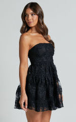 Marzy Mini Dress - Strapless Floral Detail Lace Fit and Flare Dress in Black