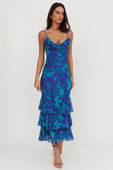 Oskar Tiered Ruffle Hem Mermaid Maxi Dress Abstract Blue