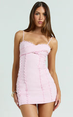 Gigi Mini Linen Blend Dress - Sweetheart Tie Back Scallop Detail Dress in Pink