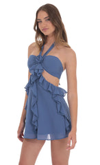 Chiffon Cutout Ruffle Dress in Denim Blue