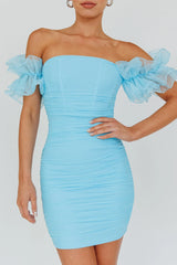 Star Dust Off-Shoulder Frill Sleeve Mini Dress Baby Blue