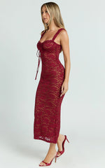 Collette Midi Dress Ruched Bust Wide Strap Detail Lace Midi Dress in Wine