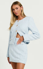 Olympia Mini Skirt - High Waisted A Line Boucle Skirt in Pale Blue