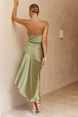 Morning Sun Cowl Neckline Asymmetrical Hem Midi Dress Olive