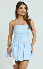 Donatella Mini Dress Strapless Drop Waist Dress in Blue