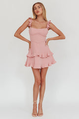 Moonlit Moment Ruffle Trim Piping Detail Lace-Up Back Dress Dusty Rose