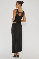 Lorely Ruched Lace Bodice Maxi Dress Black