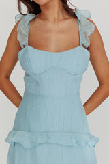 Moonlit Moment Ruffle Trim Lace-Up Back Maxi Dress Blue