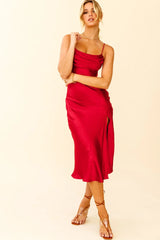 Well Versed Pleated Bust Front Split Dress Wine