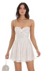 Iridescent Sequin Twist Dress in White