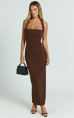 Salome Midi Dress Halter Neck Column Dress in Chocolate
