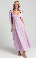 Tymia Midi Dress Shoulder Tie Bustier Shirred Back A Line in Lavender