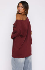 Everything In Time Off Shoulder Oversized Tee Burgundy
