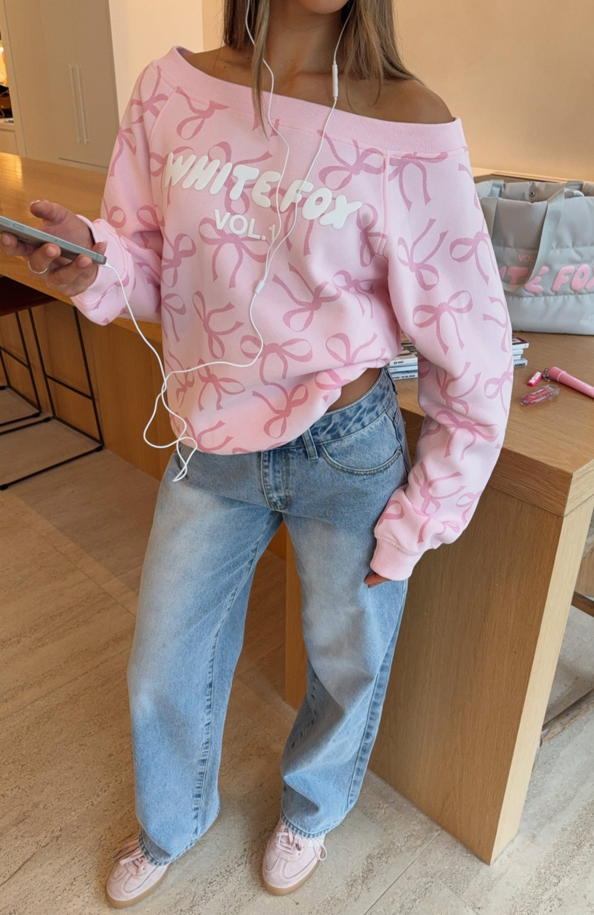 Vol. 1 Off Shoulder Printed Sweater Posy Bow